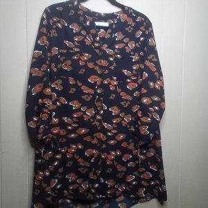 New Directions Blouse Tunic L Button Up 3/4 Sleeve Textured Black Brown